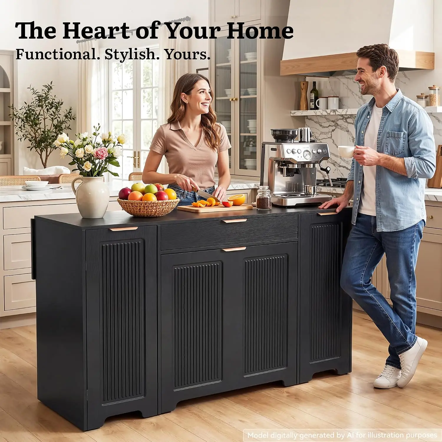 Expandable Kitchen Island with Hidden Trash Cabinet | 55.1