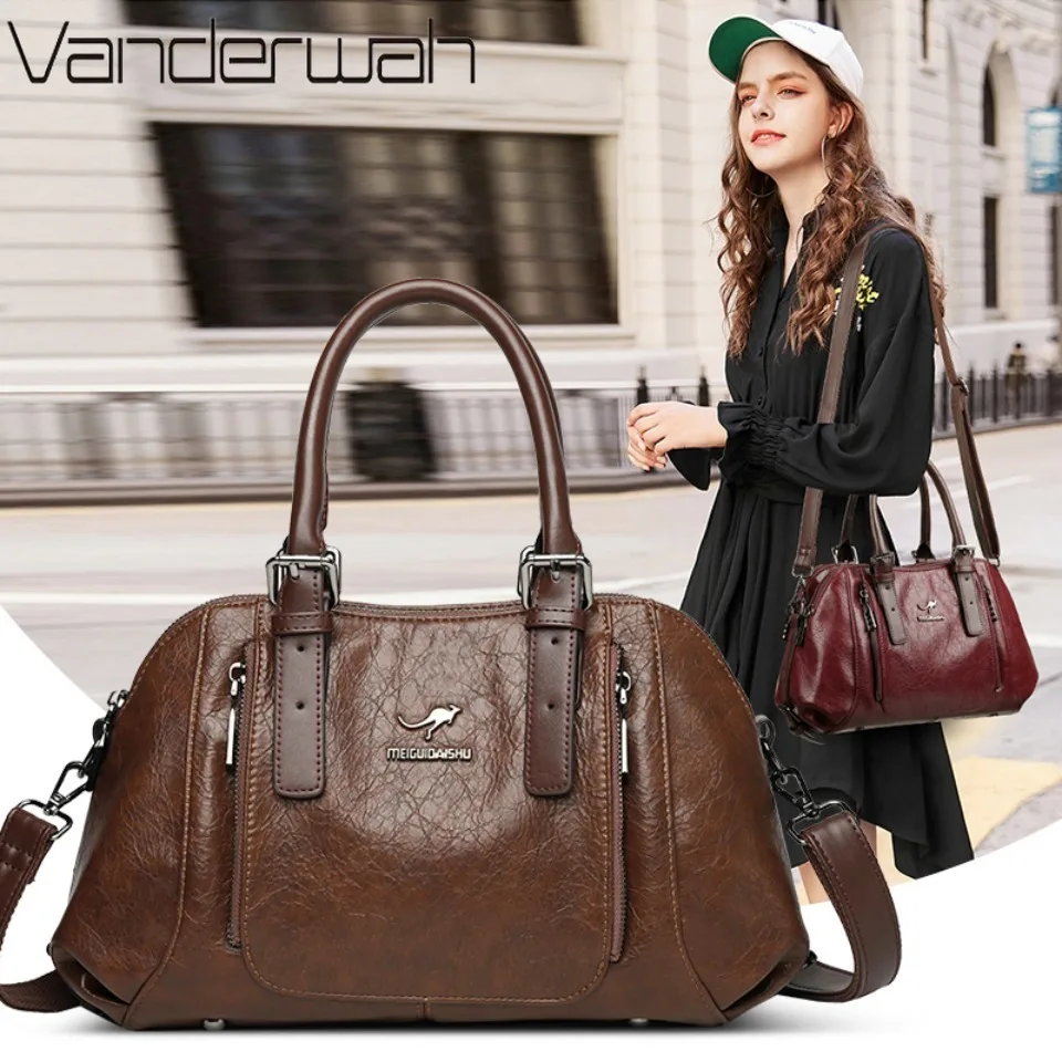 

Daily Commuting Two Layers Casual Tote Hand Bags Quality Oil Pu Leather Shoulder Crossbody Bags for Women Mother's Handbags