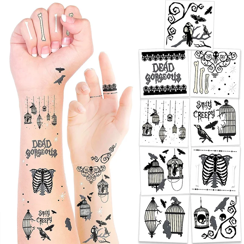 

108Pcs Halloween Tattoos Crow Cage Raven Skull Bird Skeleton Black Lace Dead Stay Creepy Halloween Party Sticker Decorations