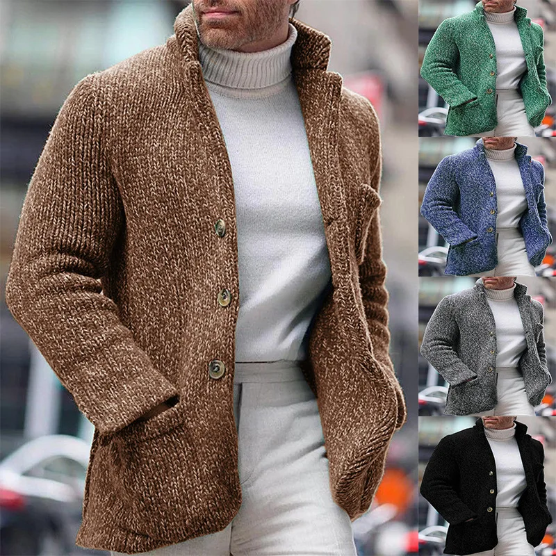 Men's Knitted Cardigan Standing Neck Long Sleeved Autumn and Winter Single Breasted Pocket Cardigan Casual Men's Clothing