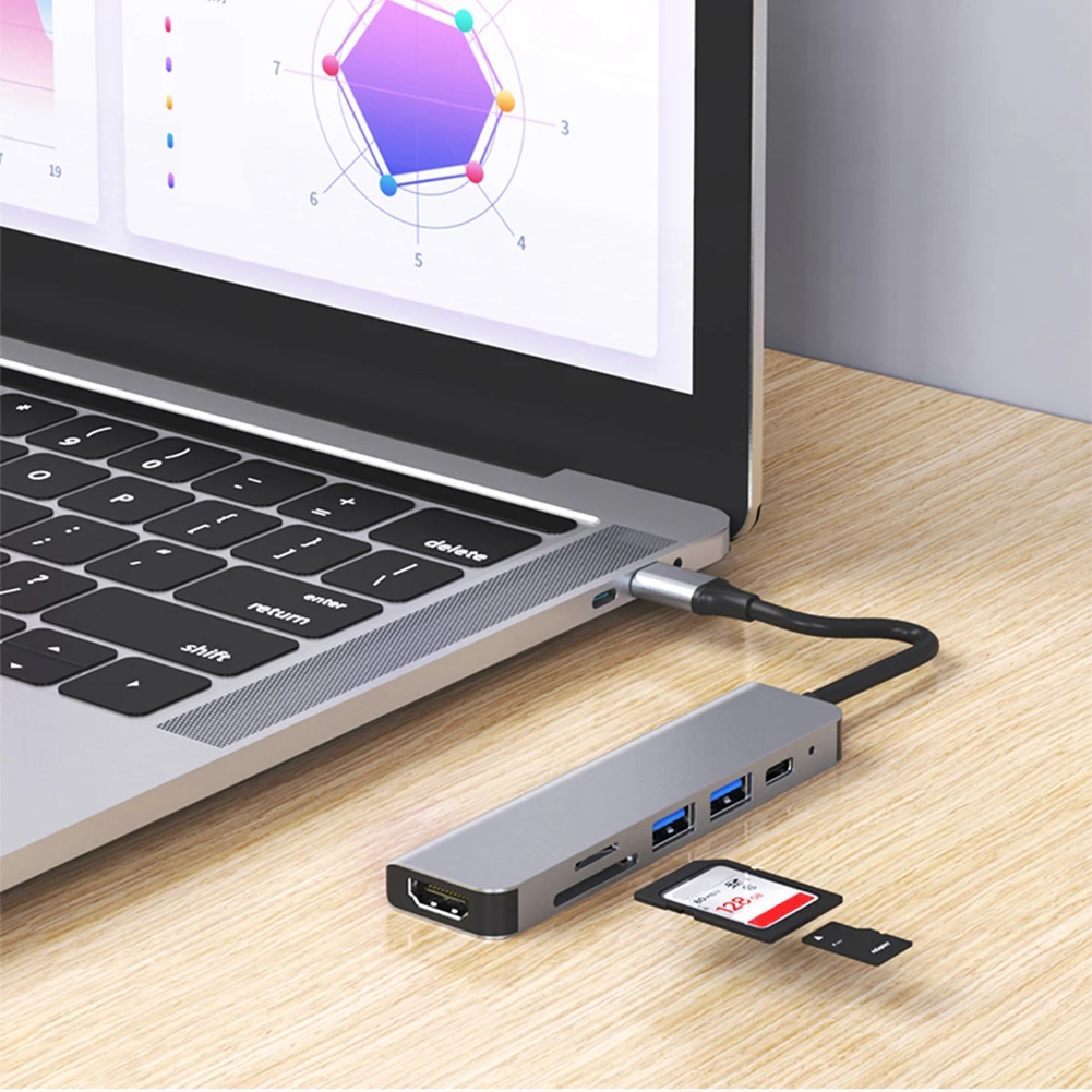 6 in 1 USB C Hub 100W PD 4K HDMI-Compatible USB C Dongle USB 3.0 USB 2.0 USB Splitter for USB C Laptops and Other Type C Devices