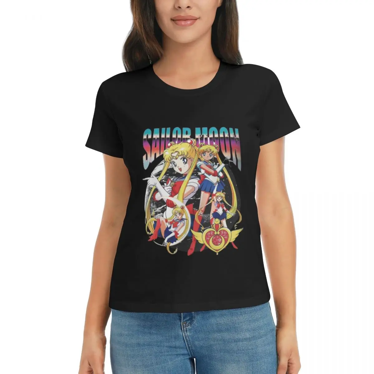 Camiseta de manga curta masculina 100% algodão, Sailor Moon, blusa solta