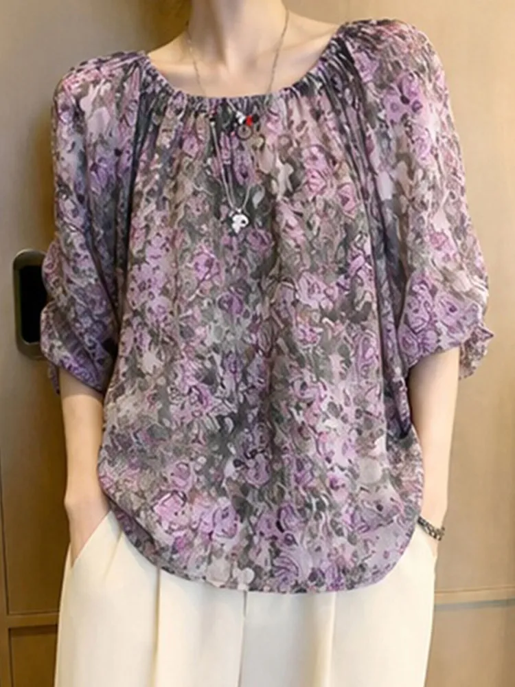 Loose Floral Print round Neck Casual Shirt Women's Fashionable Purple Summer New Style Versatile Top Breathable Skin-Friendly