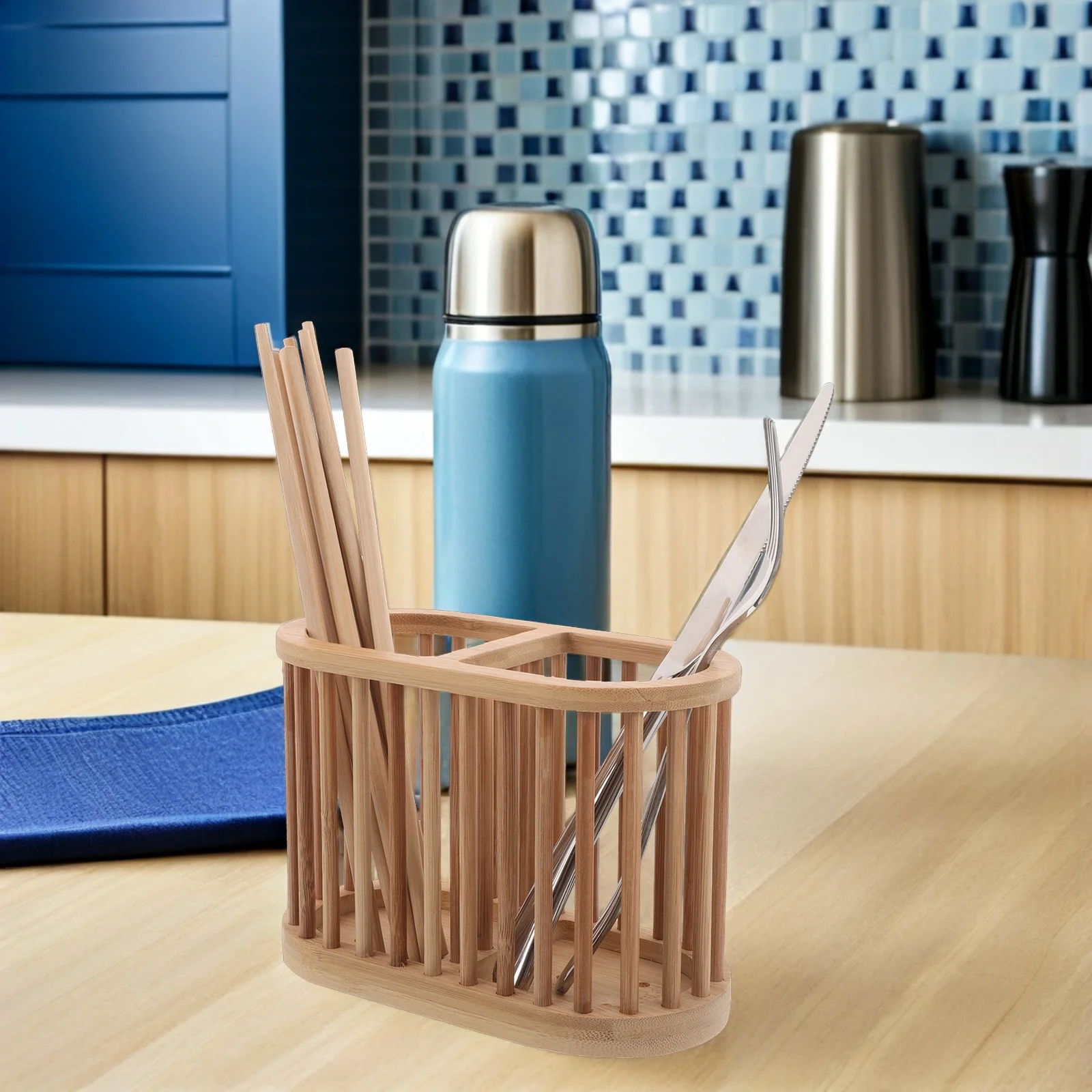 

Bamboo Utensil Holder For Countertop Cutlery Drainer Basket Hollow Design Fast Drying Kitchen Tool Organizer Storage -