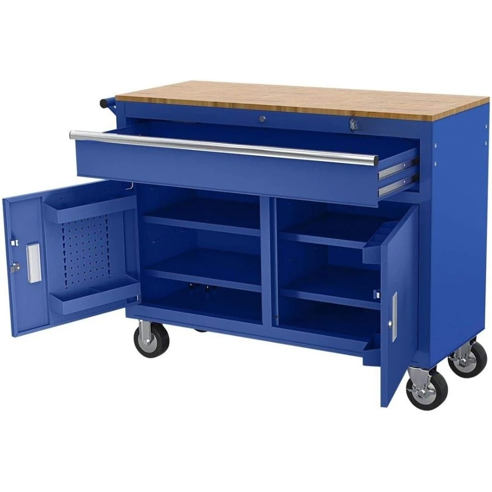 Banco de trabalho móvel personalizado de 46 polegadas com tampo de madeira maciça, azul