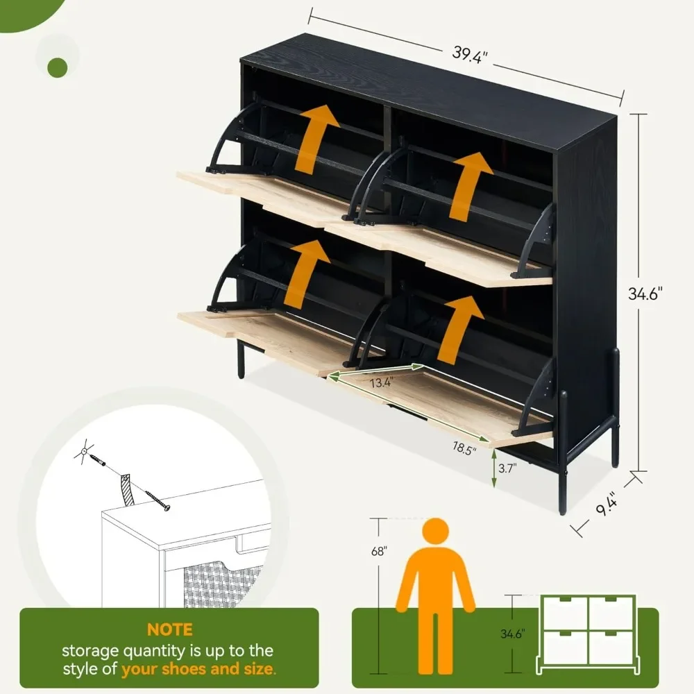 Natural Rattan 4 Flip Door Shoe Cabinet Organizer Freestanding, Modern Shoe Rack Storage Organizer with 3-Tier Adjustable