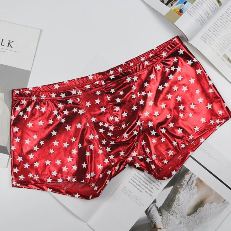

Mens Pu Leather Underwear Foil Printed Boxer Briefs Shiny Metallic Star Printed Roleplay Novelty Underpants Ropa Interior