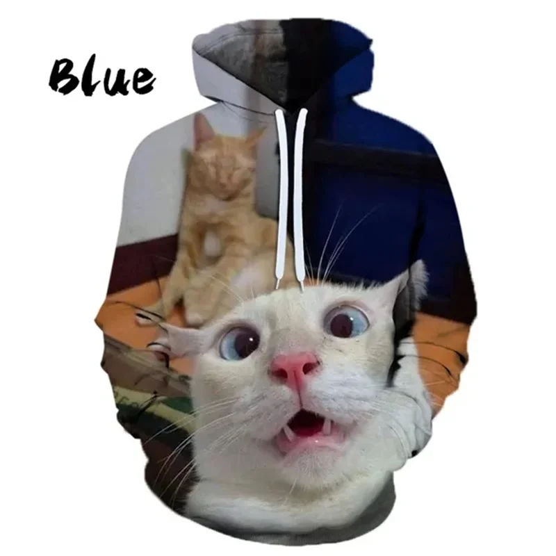 3D Printed Funny Cute Cat Hoodies For Men Colorful Animal Graphic Pullovers Casual Hooded Oversized Tops Sweatshirts Long Sleeve