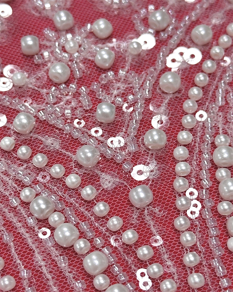 

Elegant French Embroidery Heavy Beaded Net Lace Fabric 2025 African Nigerian Tulle Mesh with Sequins Fabric for Wedding Dress