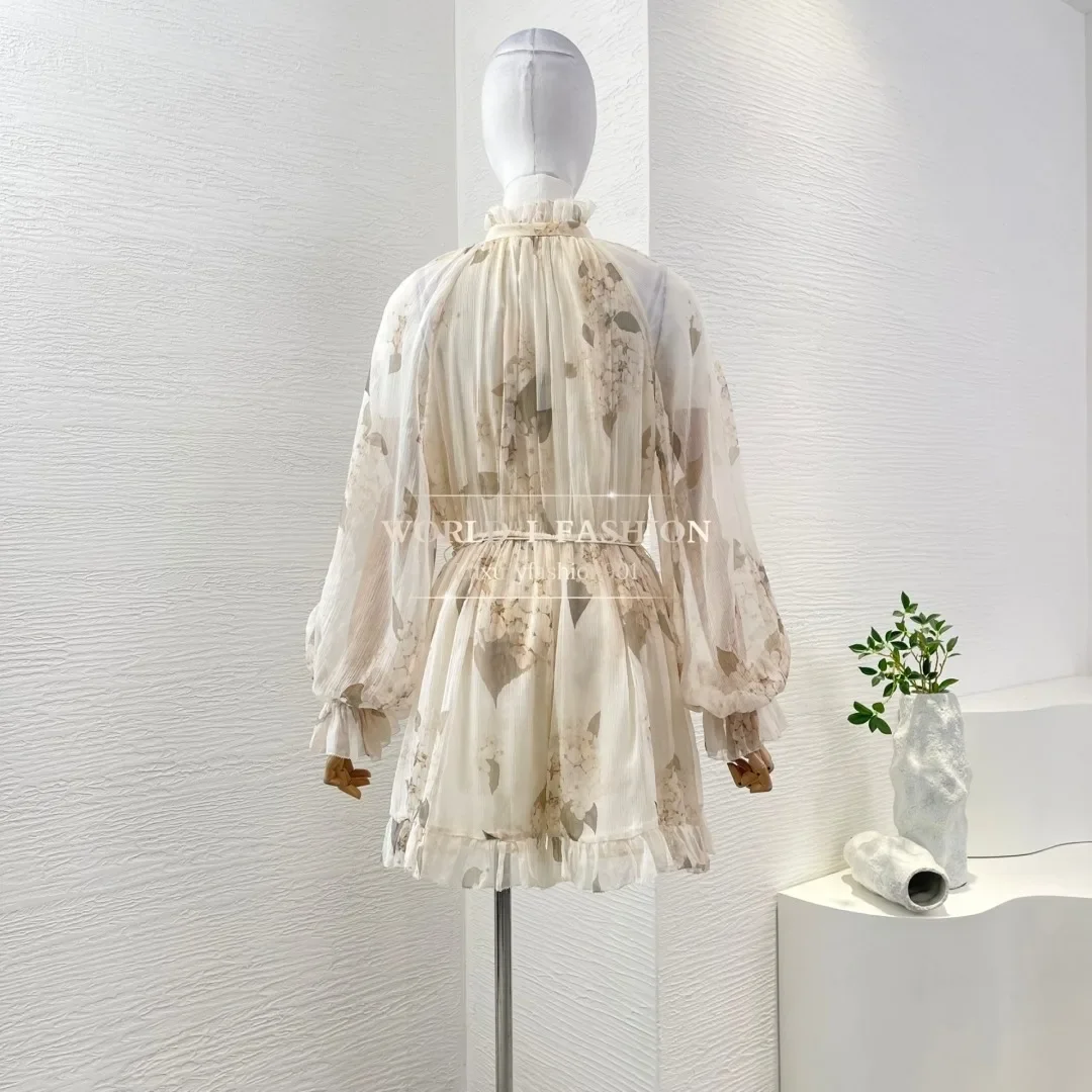 

High Quality White Floral Print Pleat Long Sleeve Jumpsuit