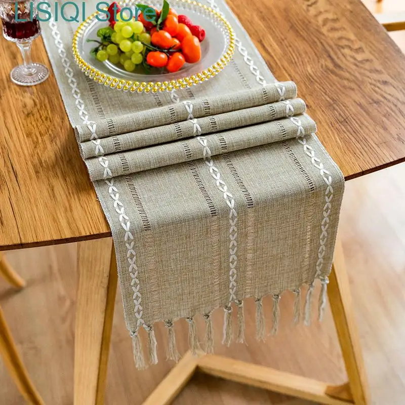 

New Rustic Farmhouse Style Linen Table Runner Embroidery Table Runners with Tassels for Holiday Party Decor