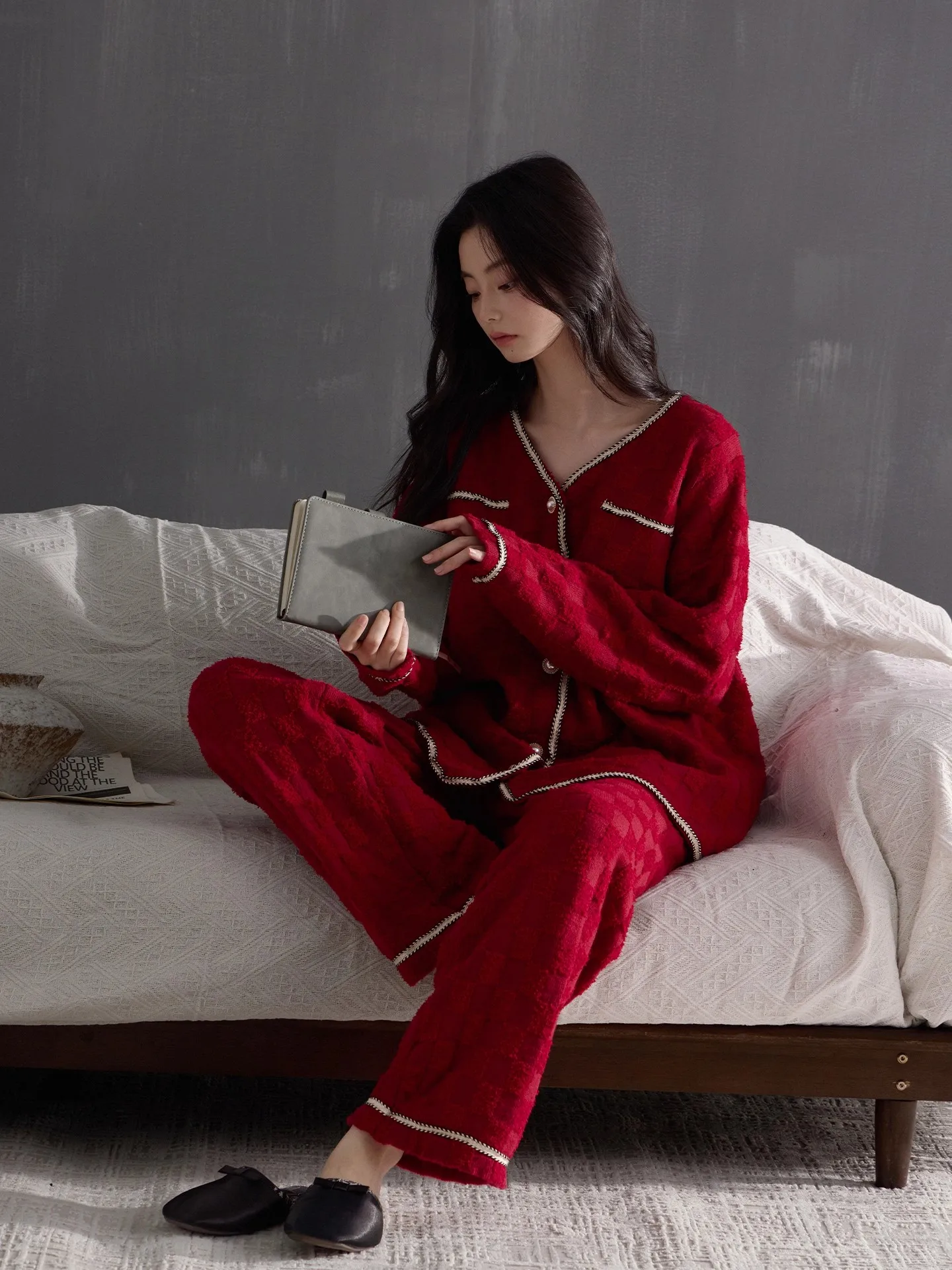 red-thiened-f-fce-spwear-set-women's-home-clothes-soft-v-ne-long-sve-loose-fit-autumn-winter-home-leisure-wear
