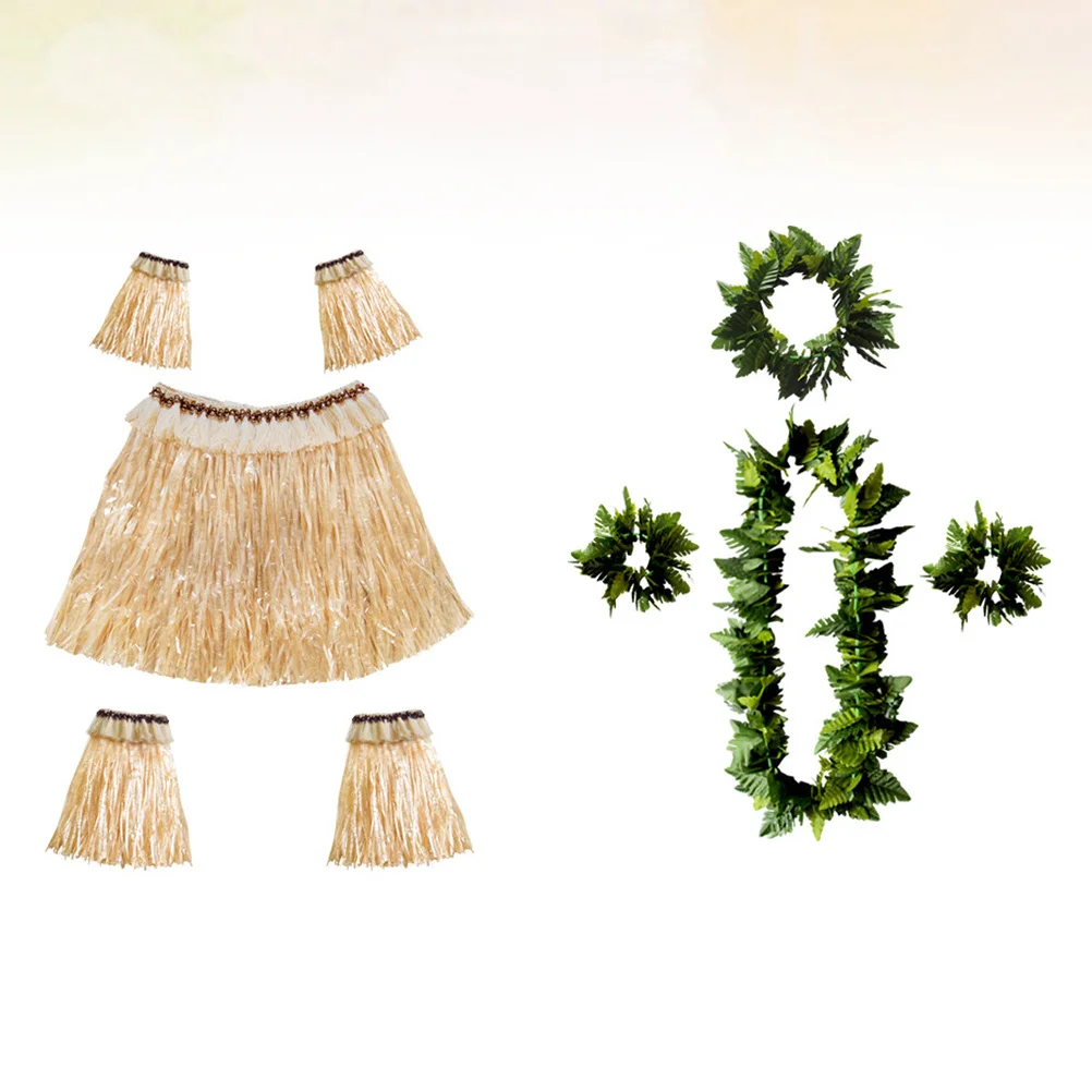 

9Pcs Hawaii Tropical Hula Skirt Set Elastic Waistband Leaf Garland Wristband Party Costume Dance Skirt Green Leaf Fashion
