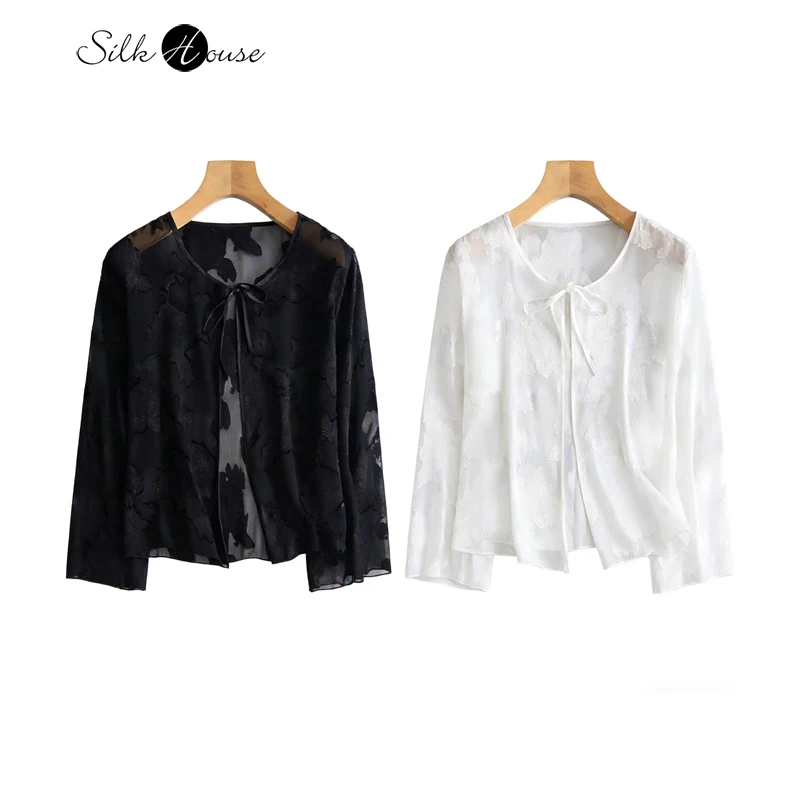 

2026 Women's Casual Clothing Natural Mulberry Silk Flower Cutting Loose and Versatile Thin Solid Color Long Sleeved Top Cardigan