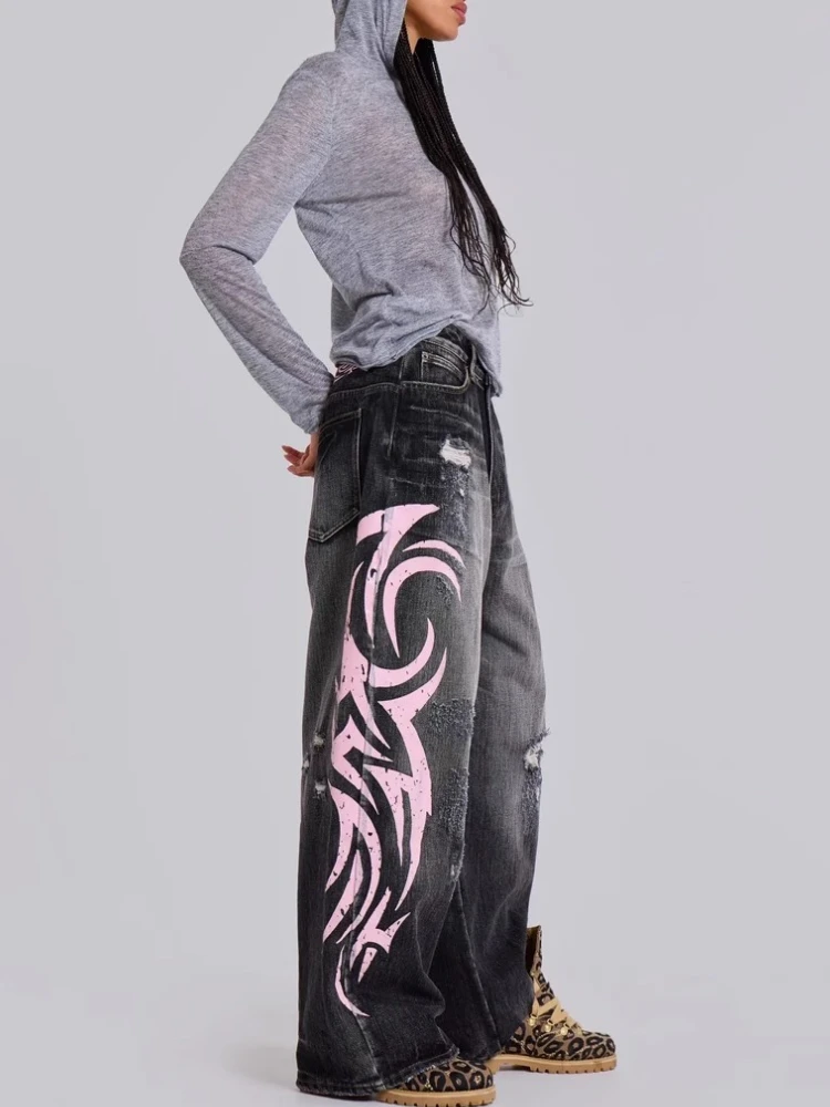 Y2k خمر القوطية الشرير الجينز النساء Harajuku طباعة الجرونج فضفاض سراويل جينز فاسق الهيب هوب الأسود الشارع الشهير واسعة الساق الجينز #3