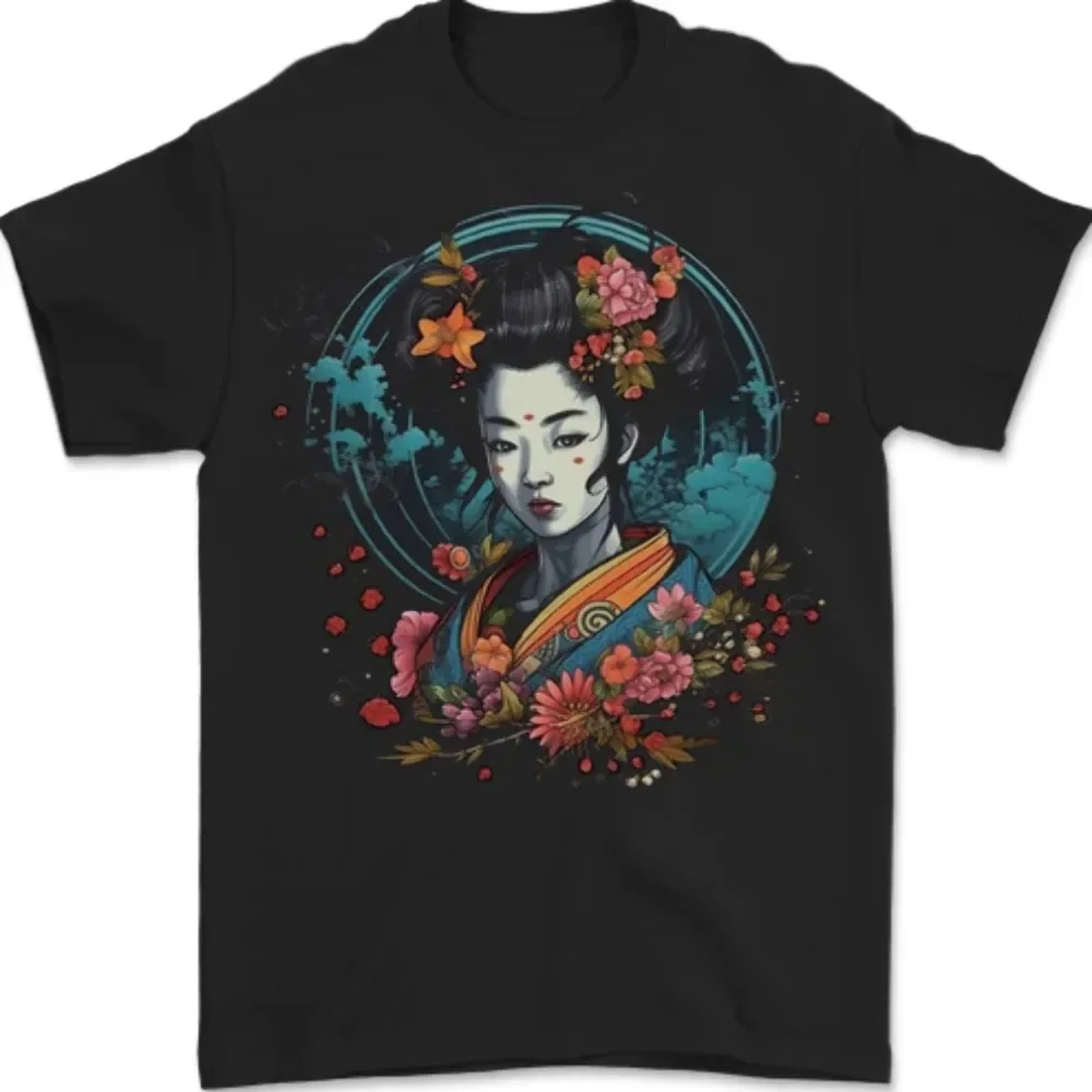 Vibrant Fantasy Geisha Girl Tee, 100% Cotton Men's T-Shirt with Floral Design  High Quality 100%Cotton Short Sleeve