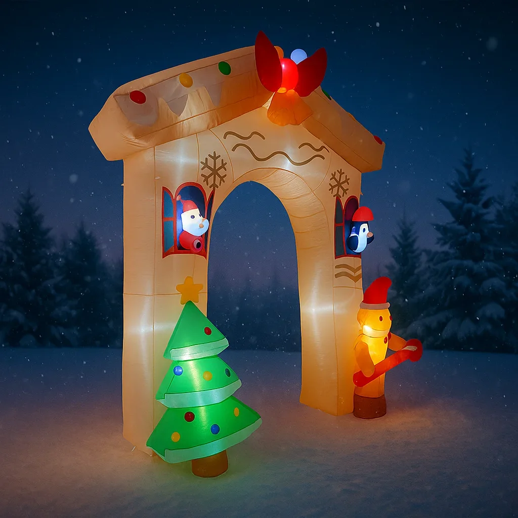 10,8 pies LED inflable Navidad patio arco decoración Santa pingüino hombre de jengibre suministros de Navidad juguete decoraciones para el hogar regalo ornamental