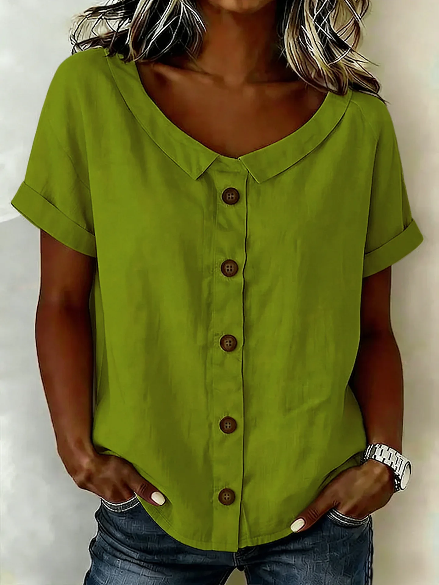 2026 Summer Women's Cross‑border T‑Shirt Casual Loose Button Solid Crew Neck Short Sleeve Top