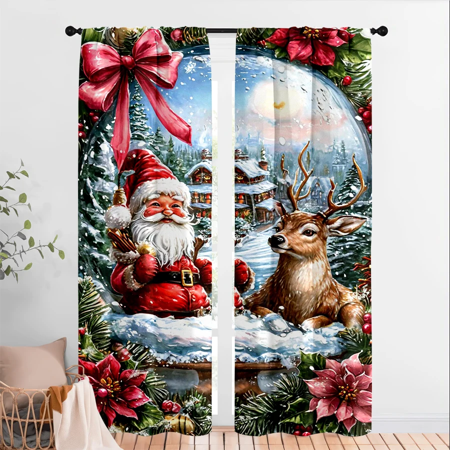 2PCS Christmas Winter Curtains, Snow Globe Santa Reindeer, Digital Print, Bedroom Living Room, Rod Pocket Polyester, Home Decor