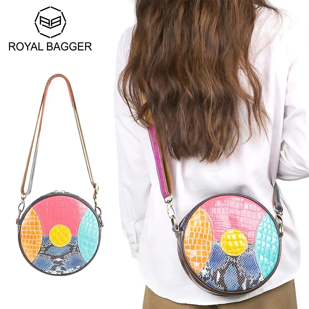 Royal Bagger Round Fashionable Retro Crossbody Bags, Genuine Leather Color Block Shoulder Bag, Satchel Purses for Women 1902