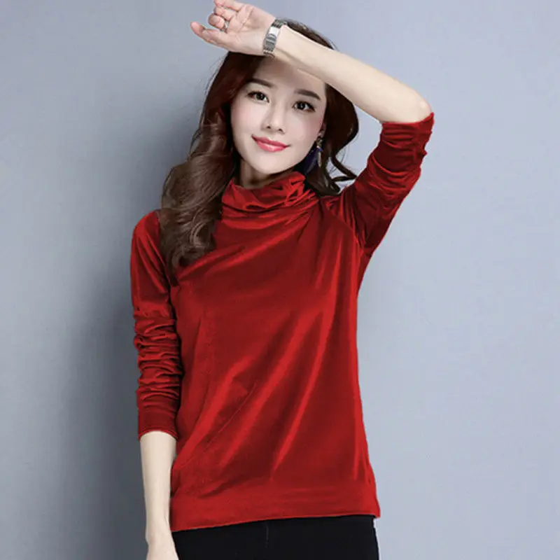 High Collar Gold Velvet Fashion Solid Color Underlay Shirt for Women AutumnWinter New Korean Version Slim Fit Underlay Top