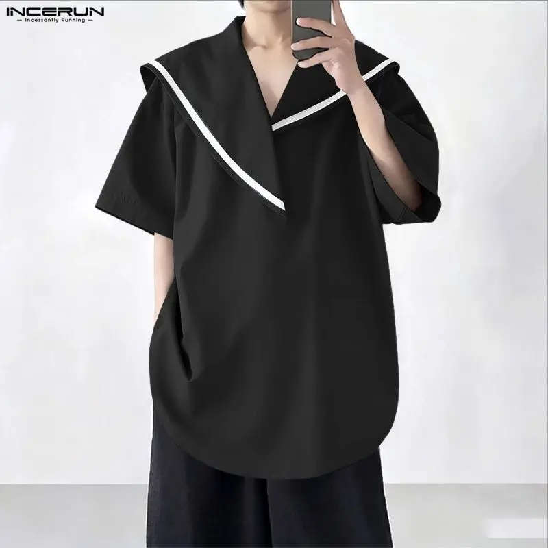 INCERUN Kemeja Pria Patchwork Kerah Biru Laut Lengan Pendek Longgar Atasan Pria Pakaian Jalanan Musim Panas Gaya Korea Fashion Pakaian Pria Kasual
