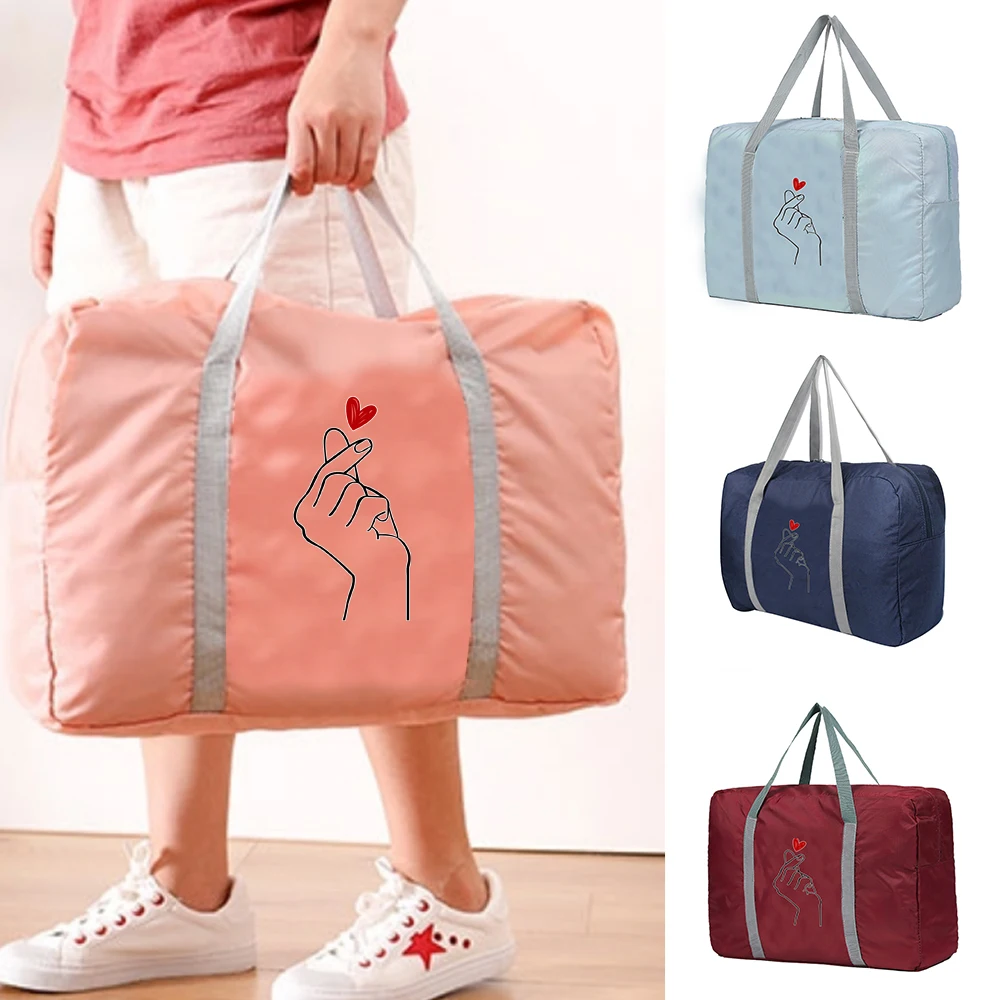 Foldable Travel Bags Women Portable Clothing Organizer Handbags Large Capacity Duffle Bag Love Pattern Series Travel Accessories