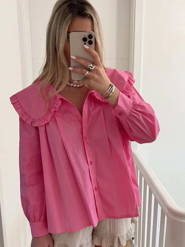 Pleated Doll Collar Solid Shirts Women Single Breasted Long Lantern Sleeve Loose Blouse 2024 Spring Lady New Casual Commuter Top