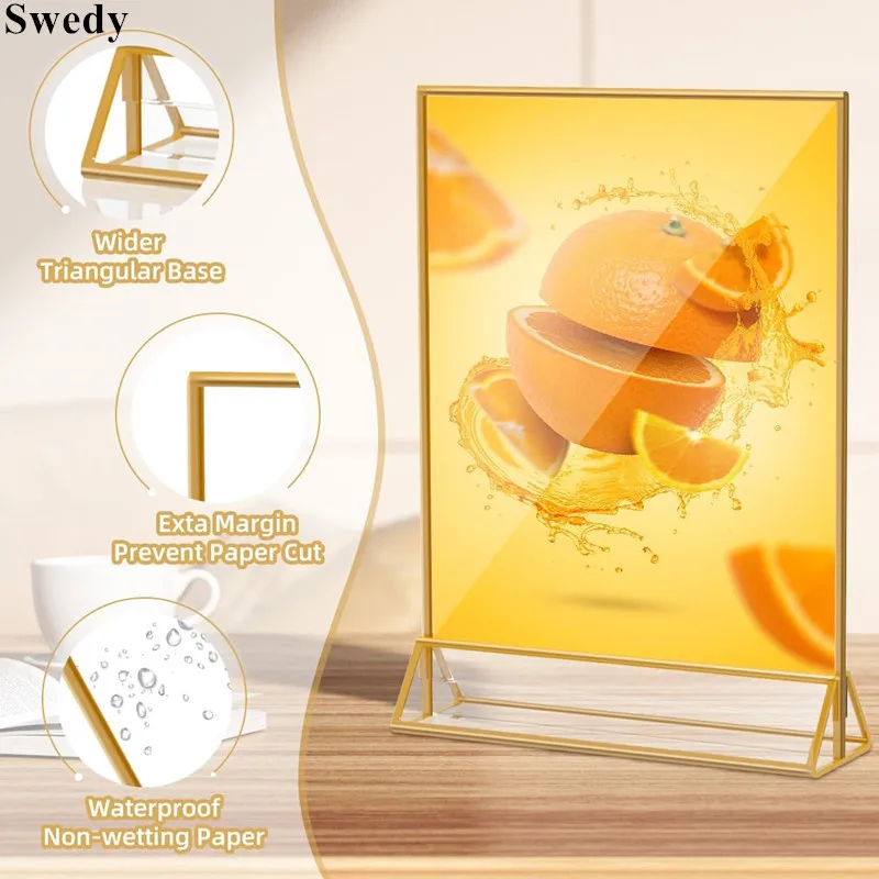 5 PCS 7 Inch 127x178mm Double Sided Flyer Holder Frame Gold Acrylic Sign Holder Wedding Table Number Menu Holder Display Stand