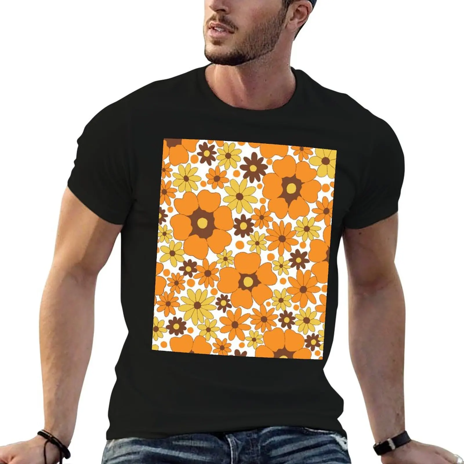 

70s Fall Floral Pattern (White Version) T-Shirt t shirt for man man t shirts for men T-Shirt