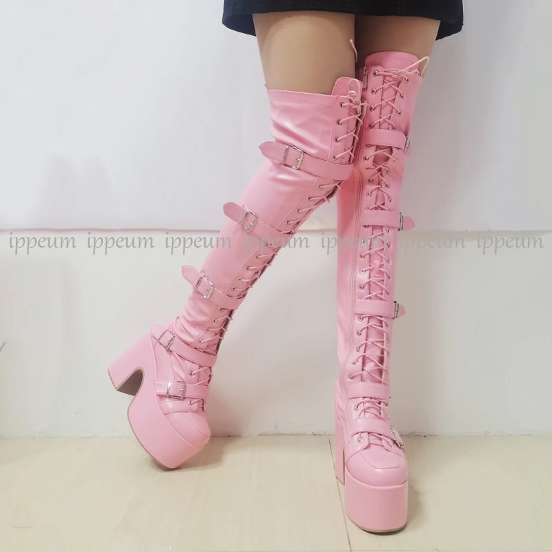 ippeum Pink Platform Sexy Thigh High Boots Women Gothic Chunky Heels y2k Shoes Belt Buckles Lace Up Punk Style Long Botas Dupes