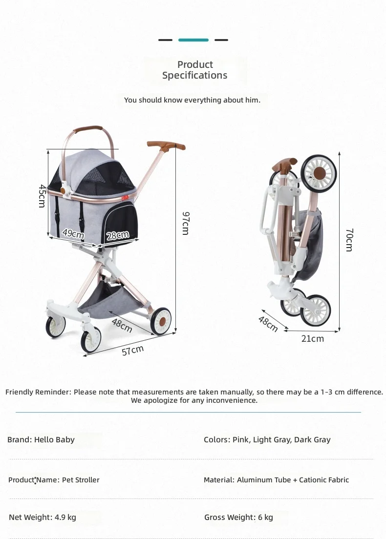 Pet Stroller, One-Click Foldable, Detachable Basket, for Dogs and Cats, Portable Pet Carrier, Lightweight and Durable