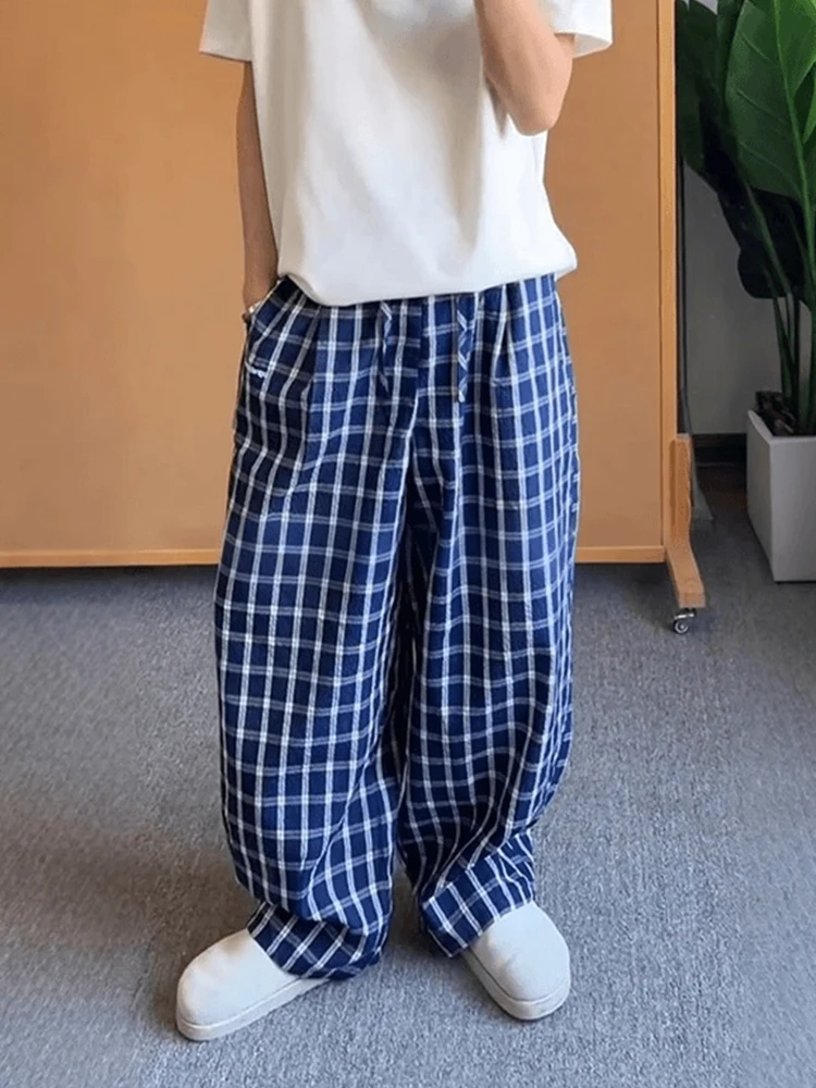 

Blue Plaid Wide Leg Pants Men's Summer Lightweight Breathable Casual American Retro Loose Drape Straight Leg Trousers