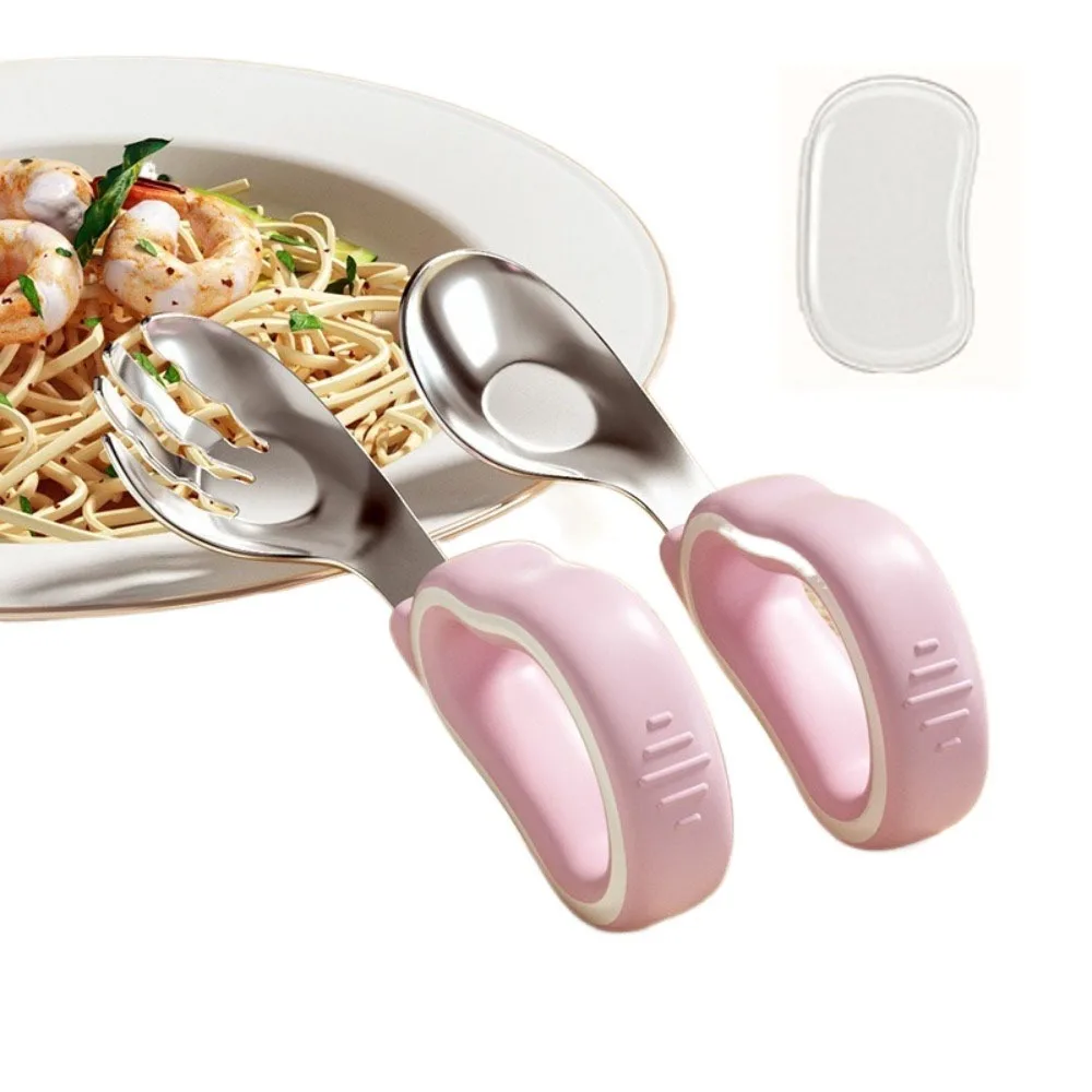 

2Pcs Silicone Handle Baby Fork and Spoon Set 316 Stainless Steel with Storage Box Baby Cutlery Anti-Choke Design Self Feeding