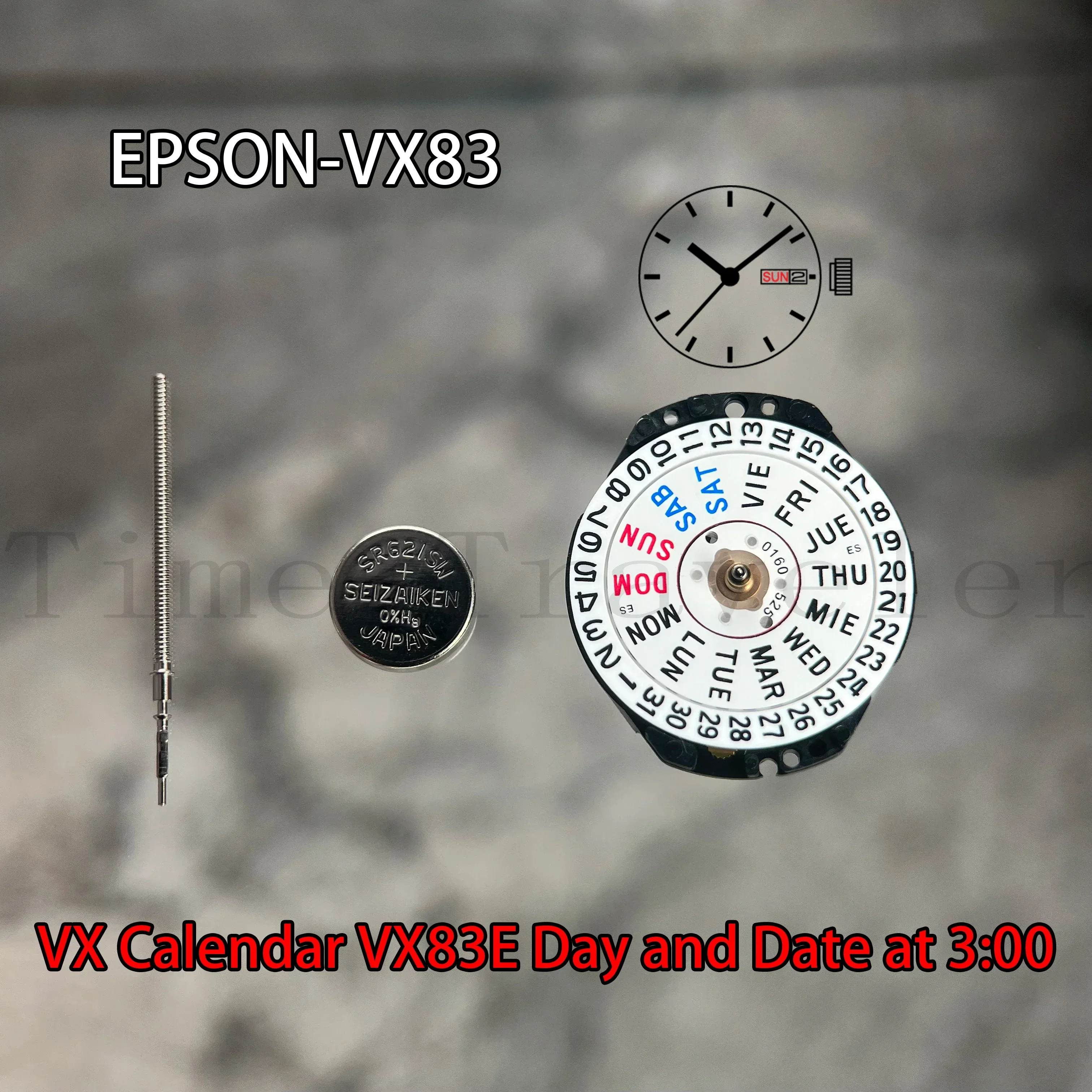 

VX83 Movement Epson VX83E Movement Japan Genuine VX Calendar Series Size:6 3/4 x 8''' 3 Hands/Day/Date display at 3:00