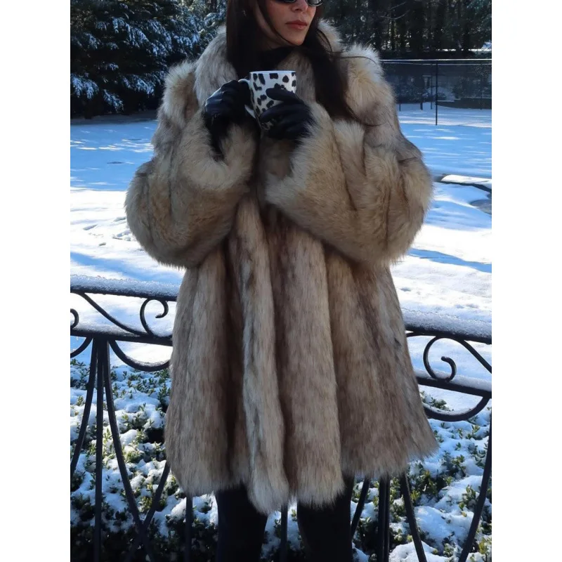 High-end Chic Lapel Faux Fur Warm Thick Coat Women Fluffy Cardigan Long Sleeve Loose Winter High Street Coats Vintage Fur Jacket