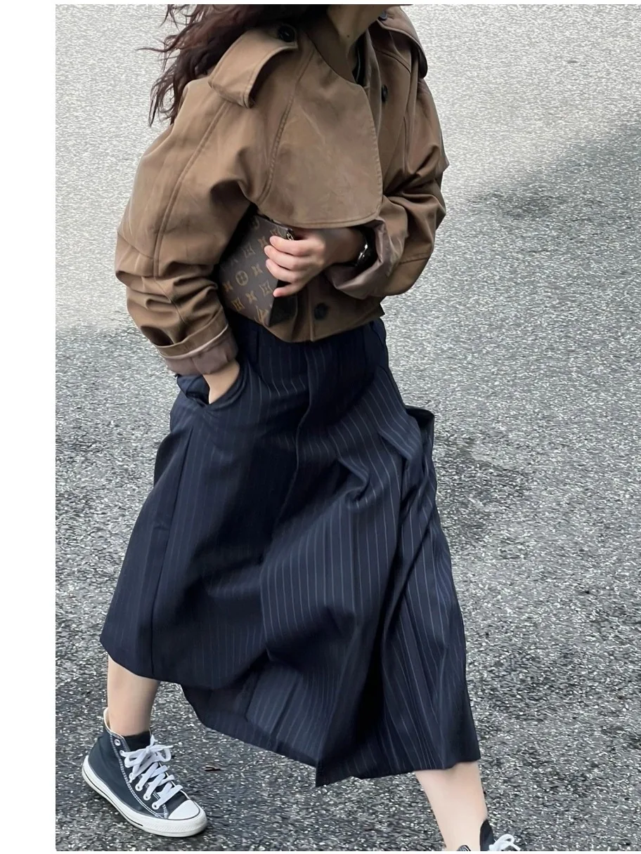 

Fashionable High Waist A-Line Skirt Vertical Stripes Korean Style Commute Pocket Design Standard Fit Summer Collection