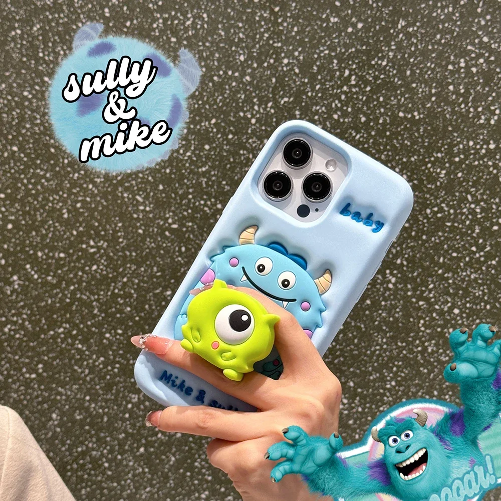 Cute Cartoon Monsters University with Bracket Phone Case for IPhone 16 15 14 13 12 11 Pro Max Plus Soft Silicone Back Cover Gift