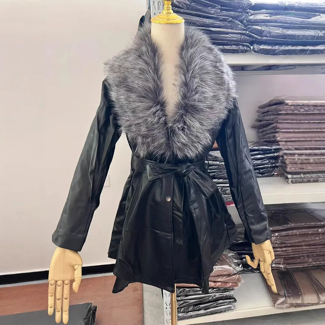 

New PU Leather Faux Fox Fur Collar Faux Leather Jacket Women's Mid-Length Skirt Hem Trench Coat Slim Fit Coat
