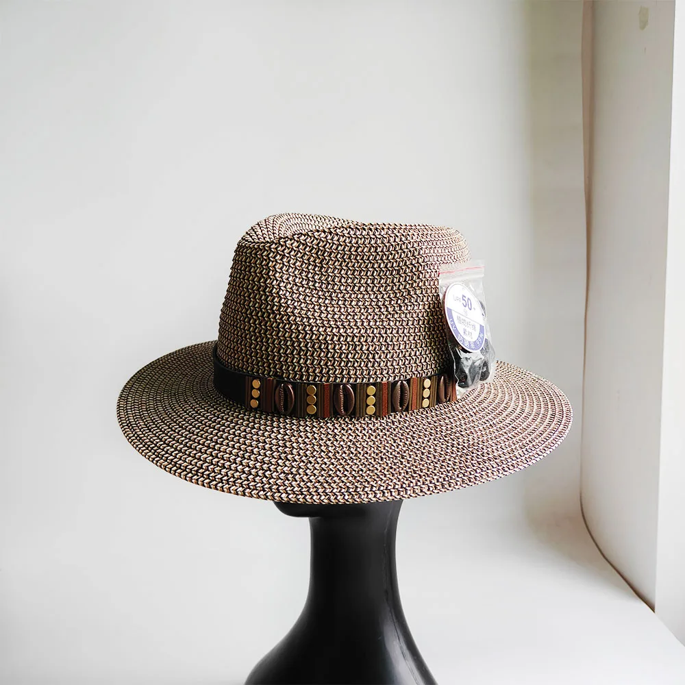 Retro Two-Tone Braided Straw Hat with Studded Band UPF 50+ Wide Brim Sun Beach Fedora Hat Men Women Casual Holiday Jazz Cap