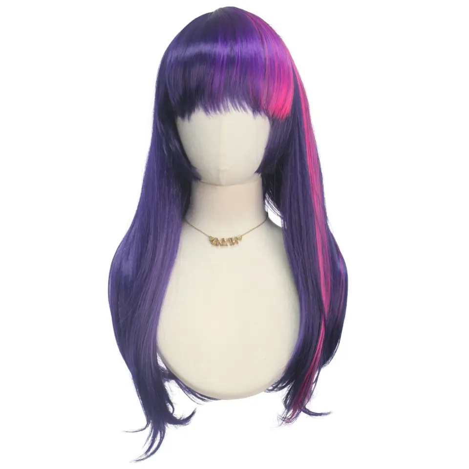 Peluca sintética de cabello lacio largo con flequillo prolijo, rosa y púrpura, fibra química, Twilight Sparkle, juego de roles, figura de pony animada 2