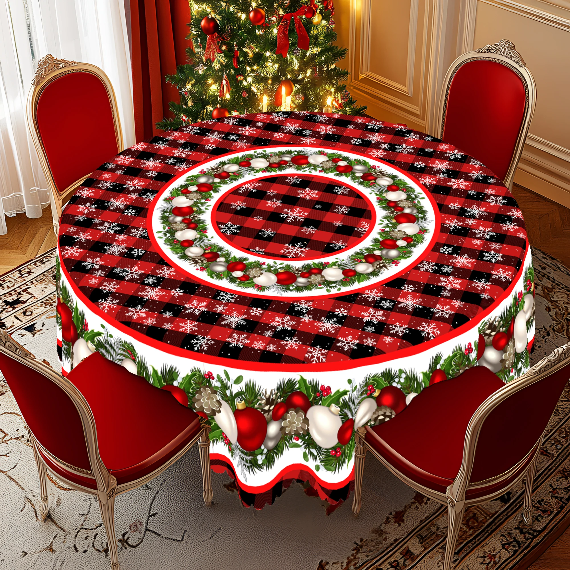 1 Piece Christmas Round and Rectangular Tablecloth, Various Sizes, Snowball Green Vine Snowflake Red Plaid Tablecloth, Tablecloth for Daily Home Kitchen, Terrace, Gift
