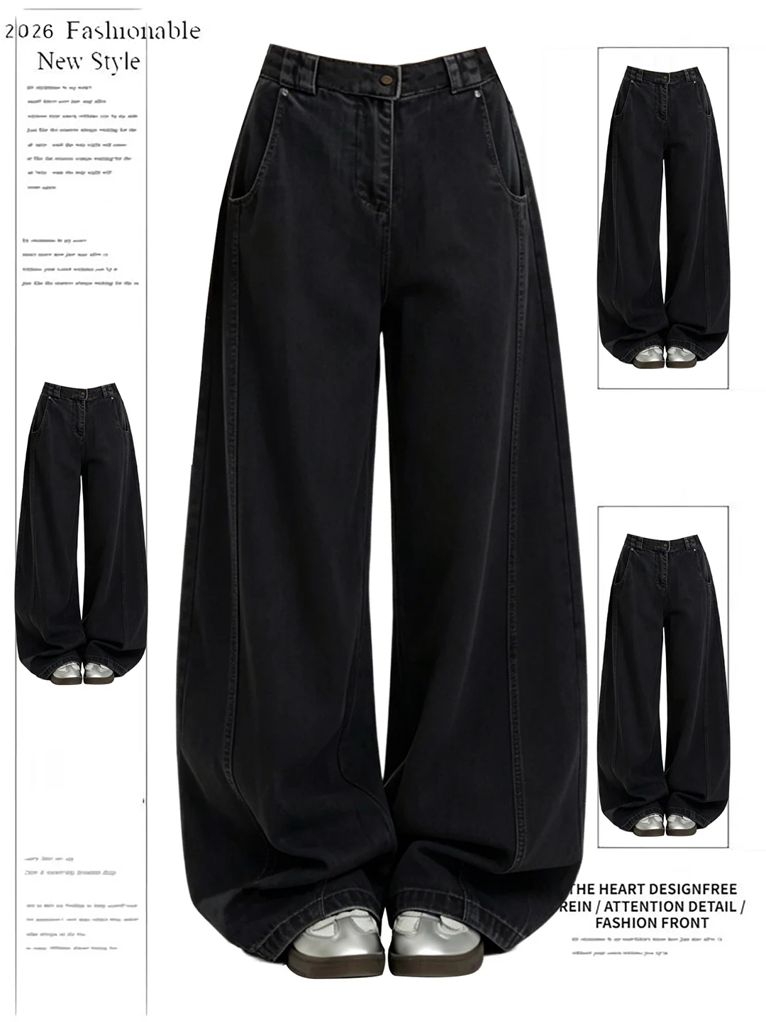 

High Waist Loose Fit Black Denim Pants Women's Summer Wide Leg Jeans Asymmetrical Knife Casual Wear Resistant