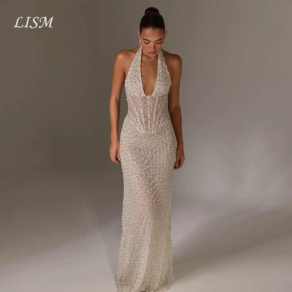 Lism Customized Modern Wedding Dress Halter Crystal Bead Lace Backless Mermaid Luxury Bridal Gown Vestido De Novia Evening Gowns