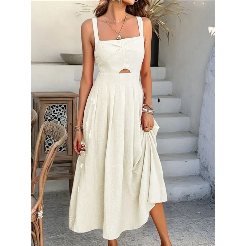 【SEE】 فستان نسائي بربطة أمامية وأزرار سفلية على شكل حرف A فستان صيفي بحزام سباغيتي متوسط الطول بطبعات زهور