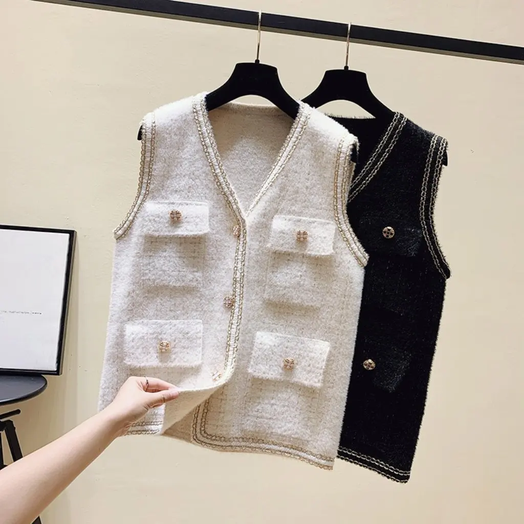 

Mink Velvet Sleeveless Vest Fragrant Knitted Cardigan Small Size Outwear for Autumn Winter Women's Fashion Top