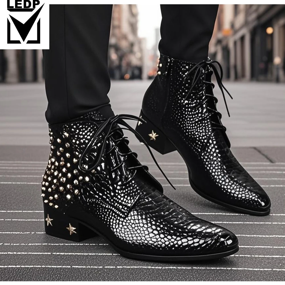 

Autumn Genuine Leather Men's Boots Chelsea Fashion Rivet Lace-up High Quality Bright Leather Pointed Shoes Dress Boots