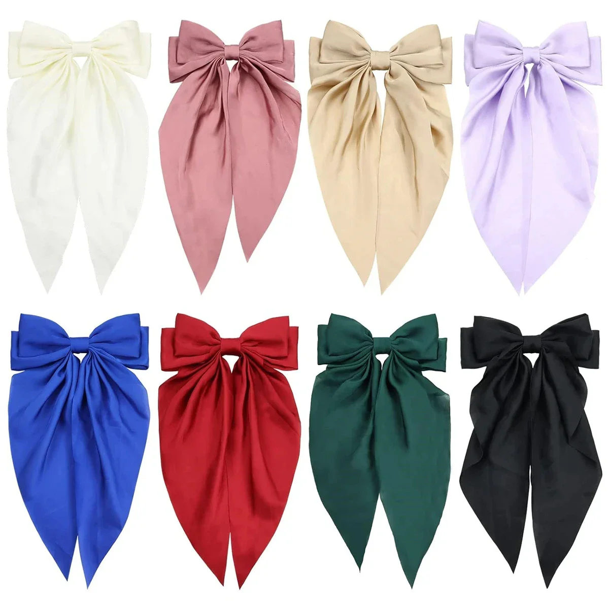 8 Ladies Satin Large White pink Red Blue Black Ribbon bow Oversized bow Long tail hair clip spring clip ponytail Hair accessorie