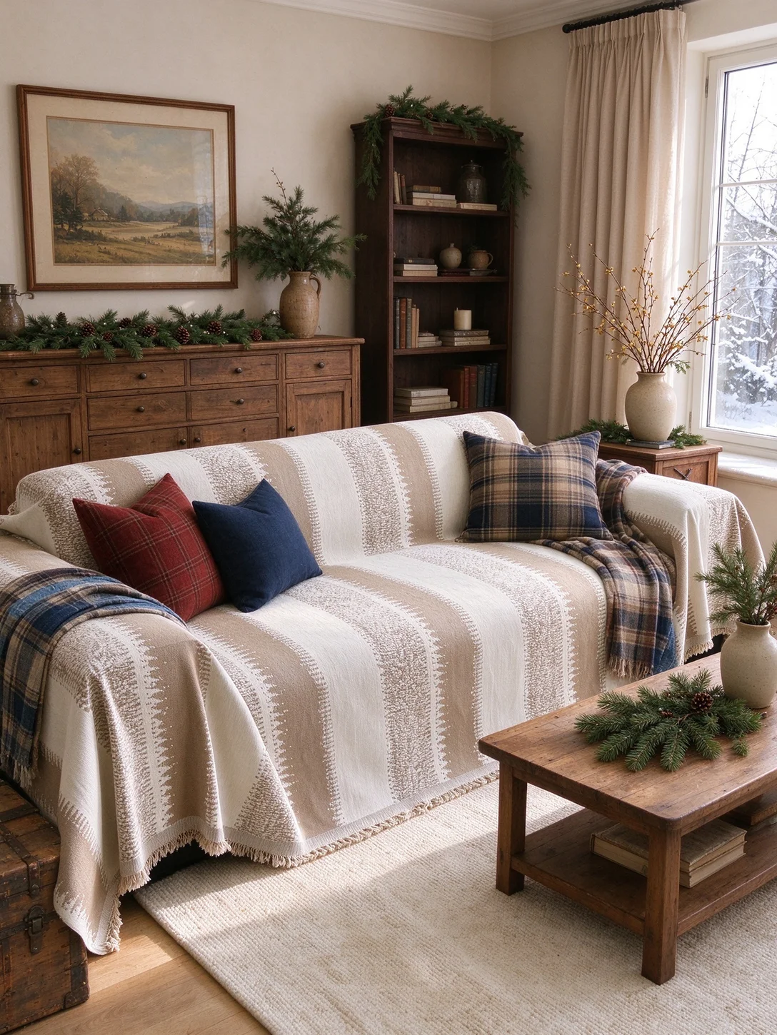 1Pc Couch Cover Chenille Jacquard, Fringe Edge | Pet Friendly, Easy Care | Indoor Lounge, Winter Decor | Nordic Cottagecore