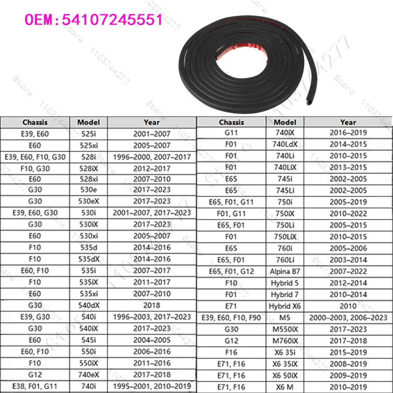 For 1995-2023 E38 E39 E60 E65 E71 E90 F01 F10 F12 F16 F90 G11 G12 G30 BMW 5/7/X6 Series Sunroof Seal Lenght 2980 mm 54107245551